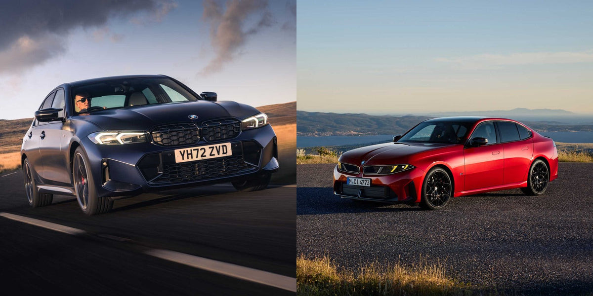 Dark blue BMW 3 Series LCI M340i and red new G50 BMW M350 shown side by side, both front three-quarter views