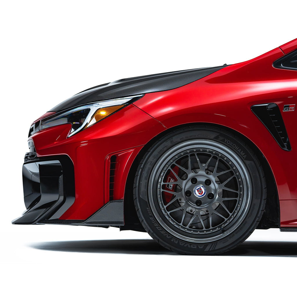 Toyota GR Corolla Pre-preg Carbon Fibre Bonnet by Adro — three quarter view