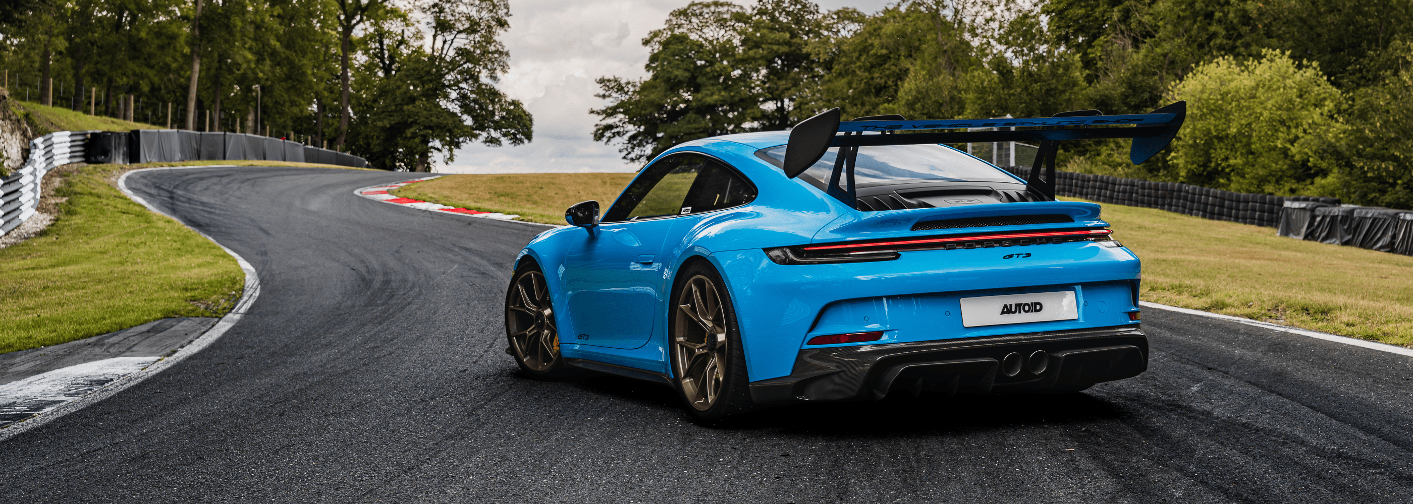 Blue sports car on a racetrack with trees and sky in the background