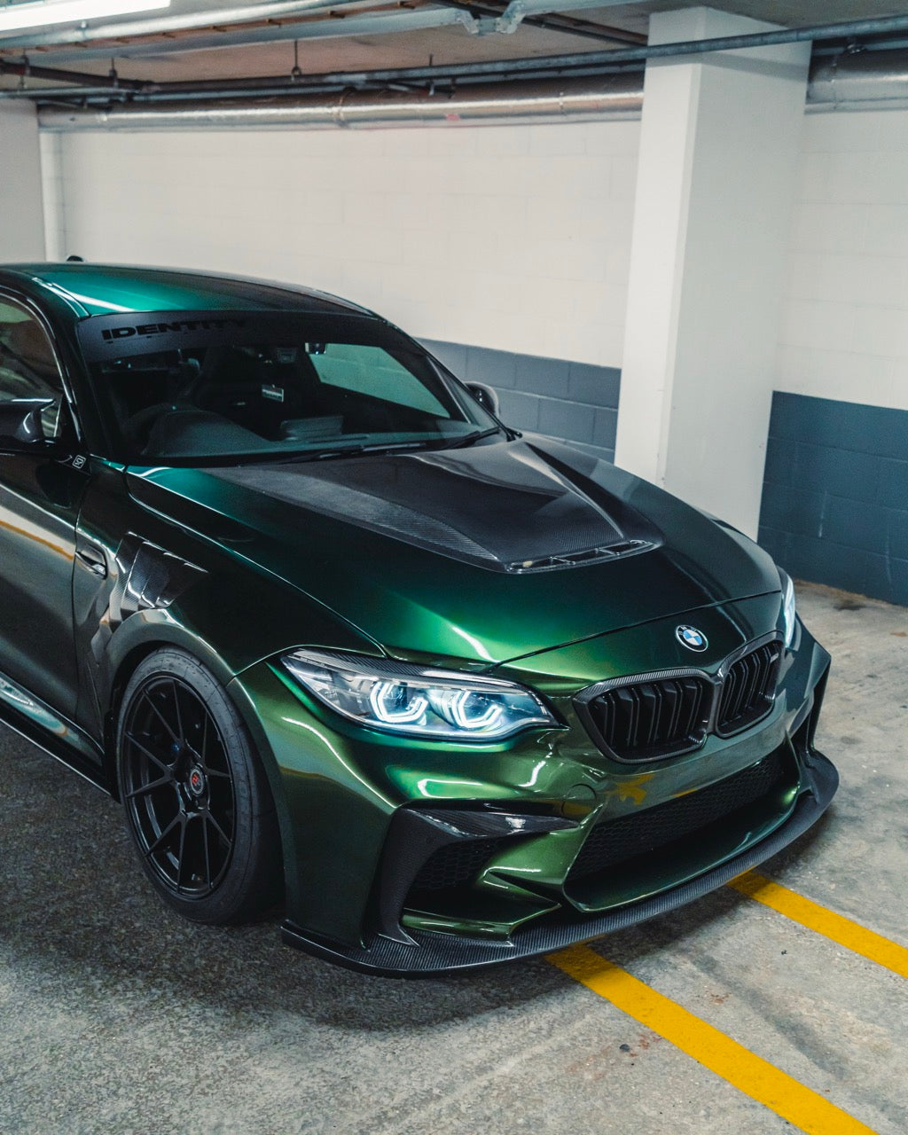Modified BMW F87 M2 with 3D design carbon front bumper, carbon grille and CS style carbon fibre hood.