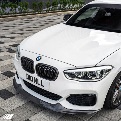BMW F20 F21 1 Series LCI carbon fibre double slat kidney grilles fitted grille detail