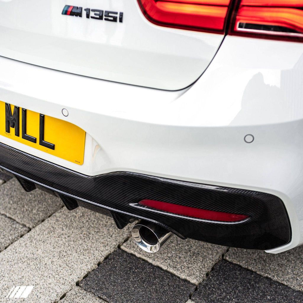 BMW F20 F21 M140i and M135i LCI carbon fibre performance rear diffuser fitted detail view