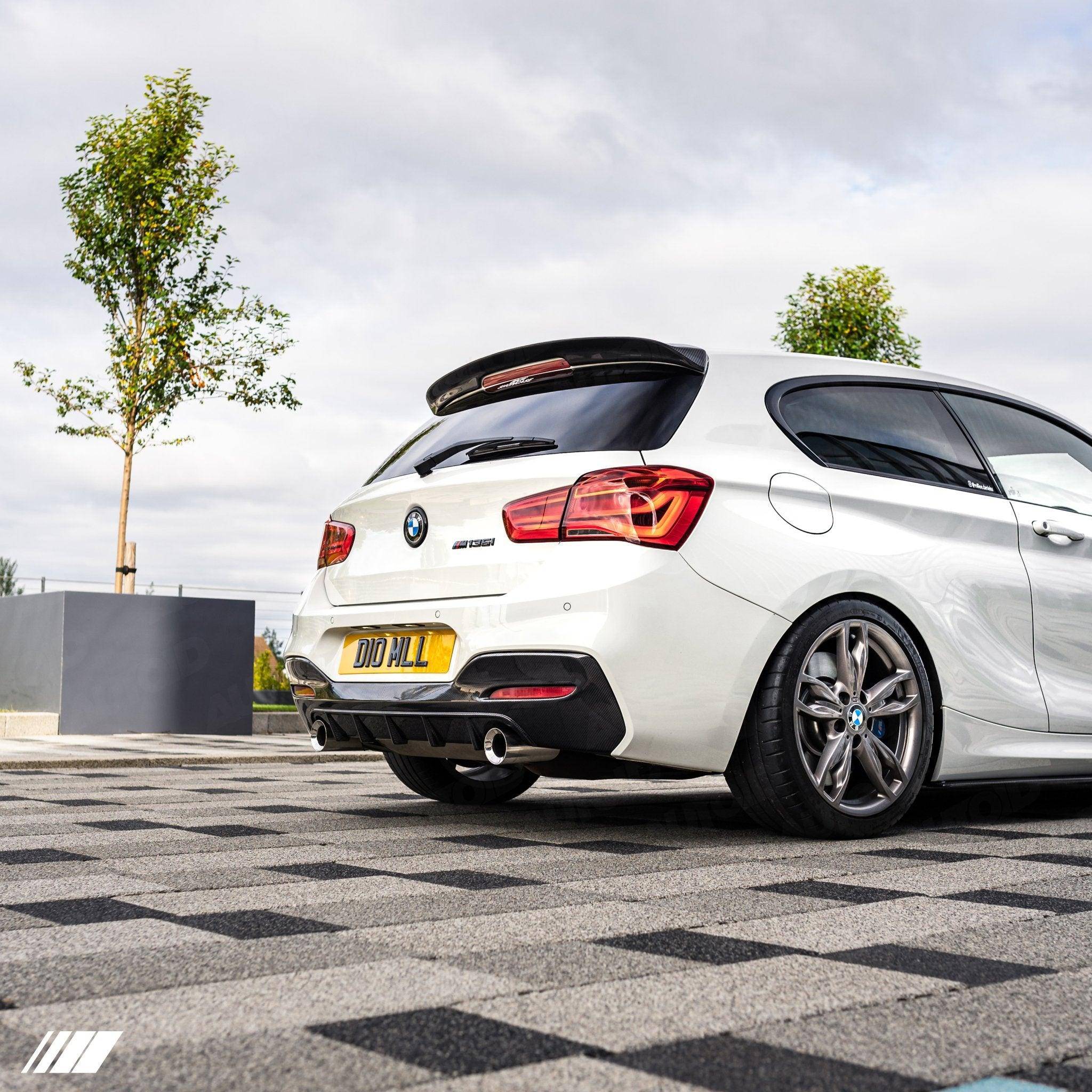 BMW F20 F21 M140i and M135i LCI carbon fibre performance rear diffuser close-up detail