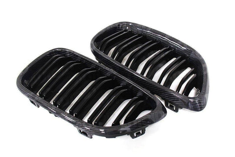 BMW F22 2 Series and F87 M2 carbon fibre double slat kidney grilles installed front end view