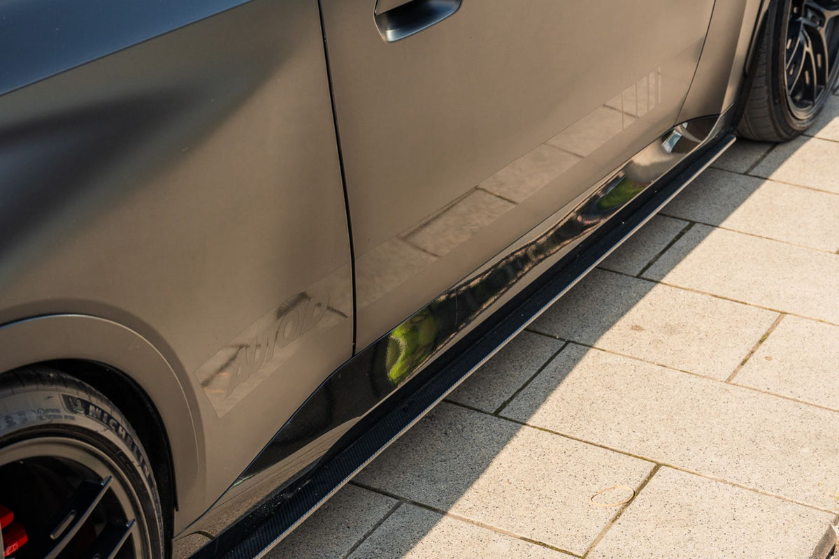BMW G42 M240i satin grey with carbon fibre full length side skirt fitted kerbside