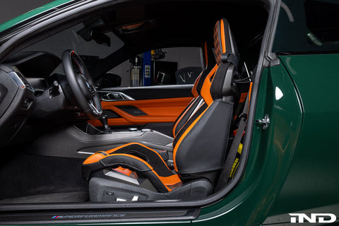 BMW G8X M Carbon Bucket Seat with Wunderworks Upper Bolster Protector Set installed